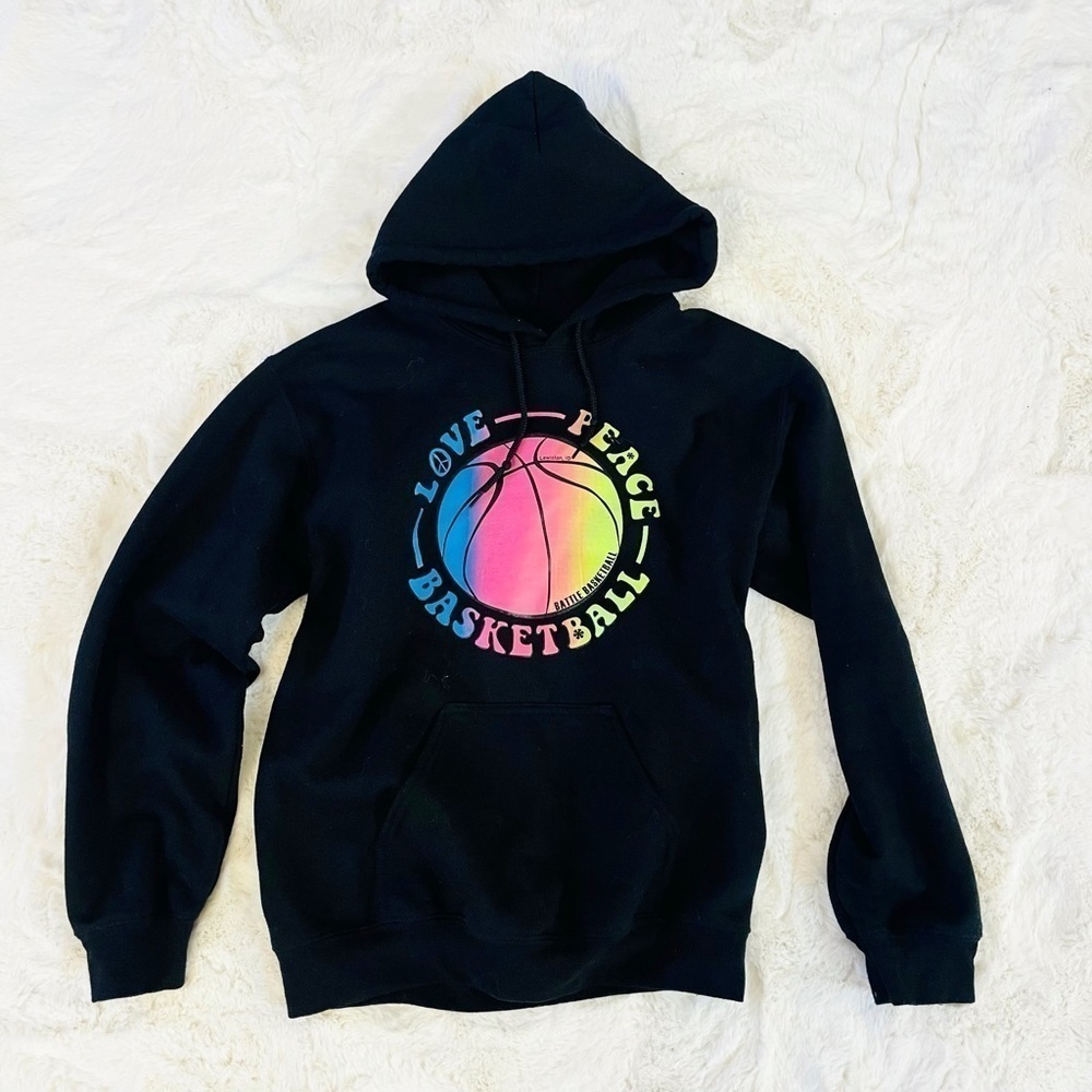 Gildan Love Peace Basketball Black Graphic Pullover Hoodie Girl’s Size Small